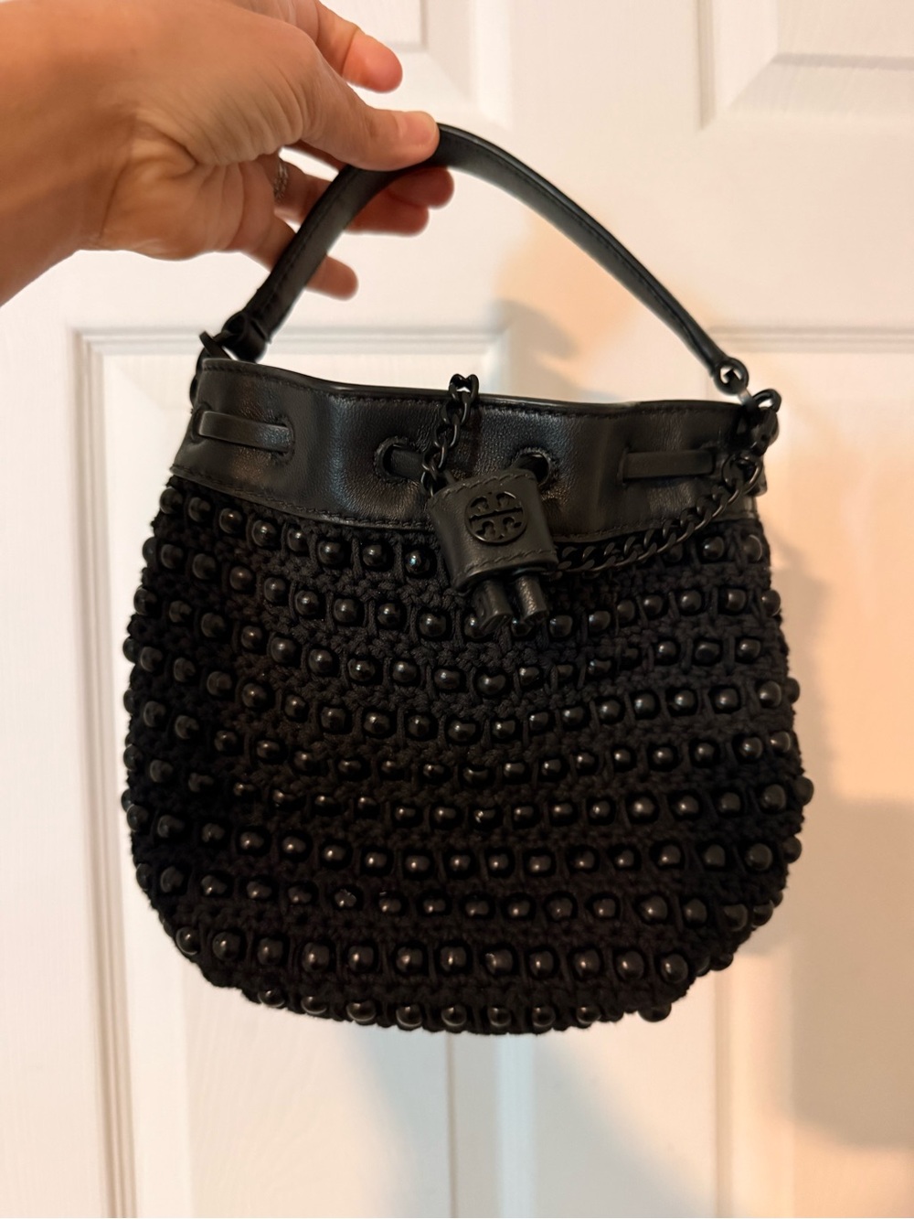 Tory Burch Black Beaded Drawstring Bucket Bag